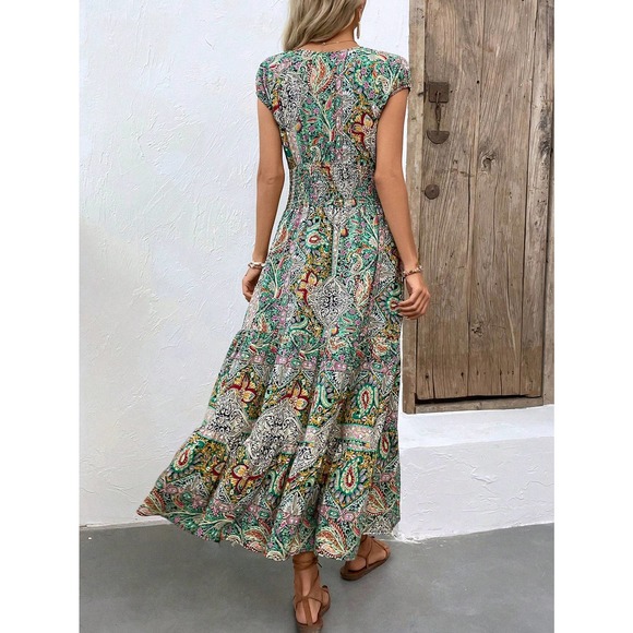 boho gypsy Paisley Print Shirred Detail Ruffle Hem Dress - Picture 7 of 12